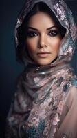 Realistic View of Very Attractive Young Islamic Woman Wearing Hijab. Illustration. photo