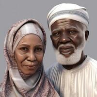 Realistic Portrait of Old Muslim African Couple Wearing Traditional Attire, . photo