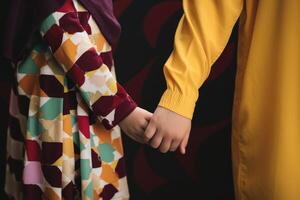 Closeup View of Young Muslim Boy And Girl Holding Hands. Illustration. photo