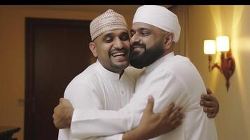 Happy Two Muslim Men Wearing Skull Cap And Traditional Kurta In Hugging Pose at the Room. Illustration. photo