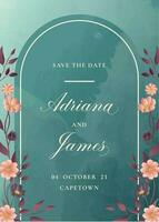 A blue and pink save the date card with flowers vector