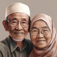 Realistic Portrait of Muslim Asian Old Couple Wearing Traditional Attire, . photo