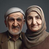 Realistic Portrait of Old Muslim English Couple Wearing Traditional Attire, . photo