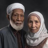 Realistic Portrait of Old Muslim Blonde Couple Wearing Traditional Attire, . photo