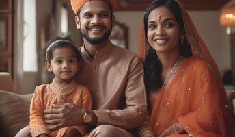 realista retrato de alegre musulmán familia vistiendo tradicional atuendo durante eid celebracion, generativo ai. foto