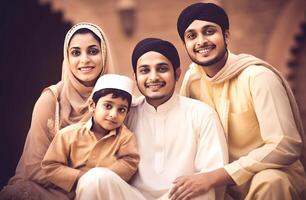 sonriente musulmán familia personaje vistiendo tradicional atuendo, eid celebracion concepto, generativo ai. foto