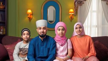 realista retrato de alegre musulmán familia vistiendo tradicional atuendo durante eid celebracion, generativo ai. foto