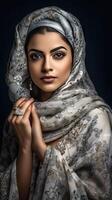 maravilloso joven musulmán mujer vistiendo gris vestido, eid celebracion, generativo ai. foto