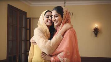 Beautiful Muslim Women Character Hugging and Wishing Each Other, Eid Celebration Concept, . photo