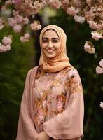 hermosa musulmán joven niña vistiendo hijab en borroso floral fondo, eid mubarak, generativo ai. foto