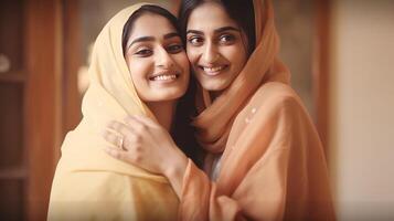 Beautiful Muslim Women Character Hugging and Wishing Each Other, Eid Celebration Concept, . photo