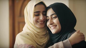 Beautiful Arabian Women Character Hugging and Wishing Each Other, Eid Celebration Concept, . photo