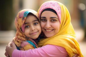 de cerca retrato de musulmán mujer abrazando su hija en hiyab, eid celebracion, generativo ai. foto