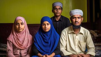 realista retrato de musulmán familia vistiendo tradicional atuendo a habitación, eid celebracion concepto, generativo ai. foto