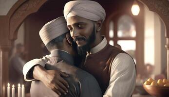 Muslim Men Character Hugging and Wishing Each Other on Blurred Interior Background, Eid Mubarak Day, . photo