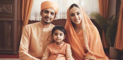 realista retrato de musulmán familia vistiendo tradicional atuendo durante eid celebracion, generativo ai. foto