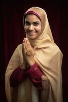 contento musulmán mujer personaje vistiendo hijab en saludo o Bienvenido pose, eid mubarak, generativo ai. foto