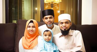 realista retrato de contento musulmán familia vistiendo tradicional atuendo durante eid celebracion, generativo ai. foto