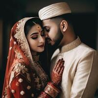 Closeup of Elegant Indian Muslim Wedding Couple Character, Generative AI Digital Illustration. photo