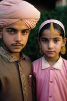 Realistic Portrait of Indian Farmer Kids Wearing Skull Cap and Traditional Kurta On Nature Background. Illustration. photo