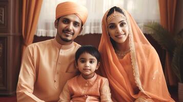 sonriente musulmán familia personaje vistiendo tradicional atuendo, eid celebracion concepto, generativo ai. foto
