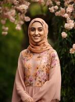 hermosa musulmán joven niña vistiendo hijab en borroso floral fondo, eid mubarak, generativo ai. foto