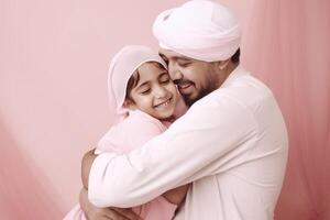 contento musulmán hombre abrazando su hija en rosado fondo, eid mubarak, generativo ai. foto