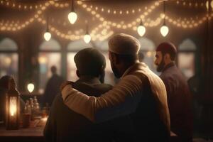 Realistic Portrait of Arabian Men Hugging and Wishing Each Other During Eid Celebration. . photo