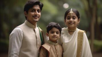 Realistic Portrait of Happy Indian Family on Blurred Nature Background, Generative AI. photo