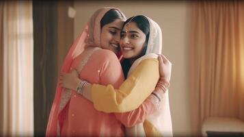 Beautiful Muslim Women Character Hugging and Wishing Each Other, Eid Celebration Concept, . photo