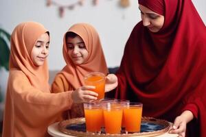 musulmán mujer servicio sharbat a niños en hijab en el ocasión de eid celebracion, generativo ai. foto