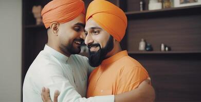 contento dos musulmán hombres vistiendo turbante en abrazando y deseando actitud durante eid celebracion. generativo ai. foto