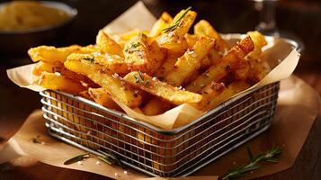 Close Up View of Tasty Fried Potato Sticks with Black Pepper and Salt at Basket. . photo