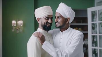 contento dos musulmán hombres vistiendo cráneo gorra y tradicional kurta en abrazando actitud durante eid celebracion. generativo ai. foto