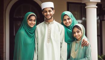 contento musulmán familia personaje vistiendo tradicional atuendo durante eid celebracion, generativo ai. foto