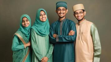 contento musulmán familia personaje vistiendo tradicional atuendo durante eid celebracion, generativo ai. foto