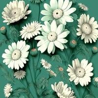 Vintage Style Daisies Floral Pattern On Teal Green Background. 3D Rendering. photo