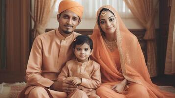 tradicional atuendo, musulmán familia personaje sentado juntos durante eid celebracion, generativo ai. foto