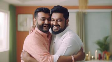 Happy Two Indian Men Hugging and Wishing Each Other During Ceremony, . photo