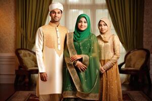 contento musulmán familia personaje vistiendo tradicional atuendo durante eid celebracion, generativo ai. foto