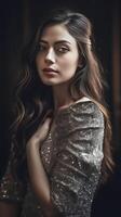 Realistic Portrait of Attractive Young Girl Wearing Glittering Gray Dress, . photo