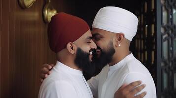 realista retrato de contento dos musulmán hombres vistiendo cráneo gorra y tradicional kurta en abrazando actitud a habitación. generativo ai ilustración. foto