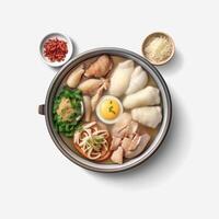 samgyetang coreano alimento, un grueso, glutinoso sopa con un todo relleno pollo flotante en sus hirviendo lo más hondo. ai generado foto