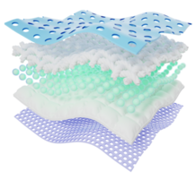 Realistic layered material excellent breathability, moisture absorbing fiber sheets with 5 sections. Odor and water absorbent materials for baby and adult diapers, sanitary pad advertising. 3d render. png