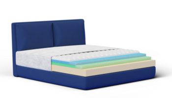 Breathable mattress inside 5 layers with bed isolated on transparent. Fitted mattress protector, Cotton fabric, Memory foam, nature para latex rubber. Comfortable bed advertisement. 3d rendering. png