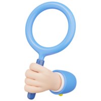 3D search icon. Hand holding Magnifying glass floating isolated on transparent. Find, discovery, research idea, Investigate a case concept. Business cartoon icon minimal. 3d render illustration. png