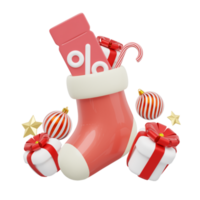 3d Christmas sock with coupon, ball, gift boxes, candy cane, star. Elements of New Year on transparent. Special discounts time, Flash sale, Limited promotion offer concept. 3d Cartoon smooth render. png