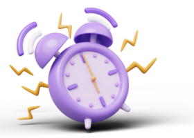 3d Alarm clock icon. Purple vintage clock with twin bell at six o clock, 6 AM PM vibrate alert floating isolated on transparent. Time keeping concept. Cartoon icon smooth. 3d rendering. png