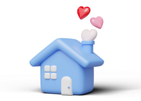 3d blå hus med rosa hjärta rök. söt Hem modell av vård och kärlek symbol. liv efter äktenskap, verklig egendom, inteckning, lån begrepp. attrapp tecknad serie ikon minimal stil. 3d tolkning illustration. png