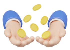 3D Gold coin float in hand isolated on transparent. Business man hold money icon. Mobile banking service, cashback, refund, loan concept. Saving money wealth. Cartoon icon smooth. 3d rendering. png